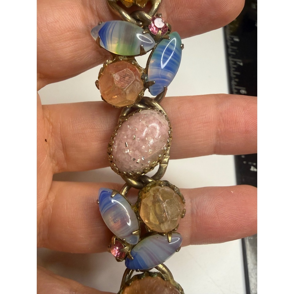 Vintage Art Glass Confetti Stone Gold Tone Bracelet Pink Blue "Juliana?"7.25in